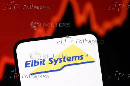 Illustration shows Elbit Systems logo and rising stock graph