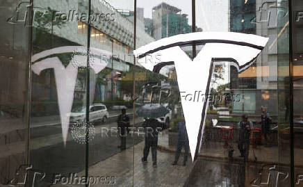 A view shows the TESLA logo at India's first Tesla showroom in Mumbai