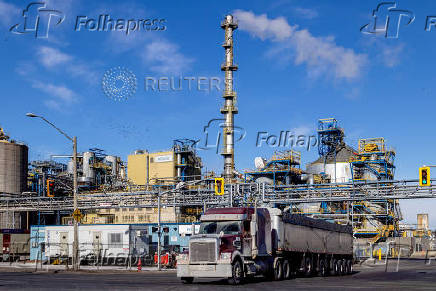 FILE PHOTO: A transport truck exits the Bunge facility in Hamilton