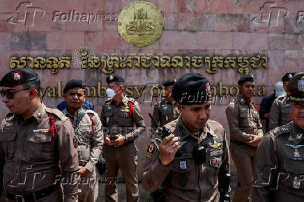 Royalist activists protest in front of Royal Embassy of Cambodia, following a recent clash at the Thailand-Cambodia border on May 28, 2025, in Bangkok