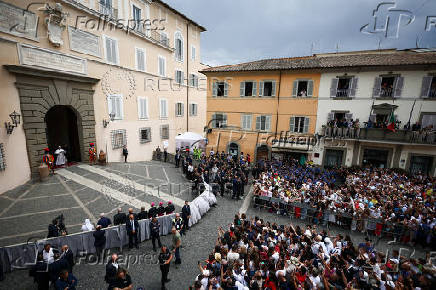 Pope Leo XIV leads the Angelus prayer in Castel Gandolfo