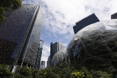 Buildings and features of the Amazon Corporation headquarters and campus in Seattle
