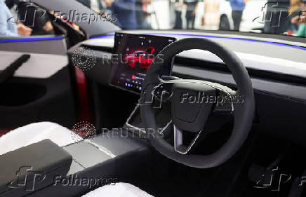 A view shows the interior of the TESLA Model Y car at India's first Tesla showroom in Mumbai