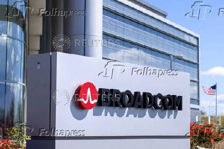 FILE PHOTO: The Broadcom company logo is shown outside one of their office complexes in Irvine