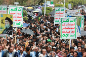 University students and professors demonstrate in solidarity with Palestinians, in Sanaa
