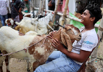 A vendor plays with a goat for sale as he waits for customers inside a livestock market ahead of the Eid al-Adha festival in Kolkata