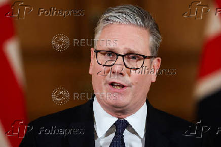 Britain's PM Starmer delivers statement inside No. 10 Downing Street, in London