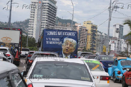 Bus displays anti-Trump message in protest of U.S. immigration policies, in Acapulco