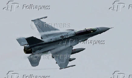 Bulgaria's first new F-16 jet is pictured during its arrival at Graf Ignatievo airbase