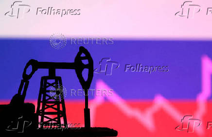 FILE PHOTO: Illustration shows Russian flag, oil pump jack and stock graph
