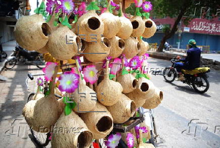 A vendor sells handmade birds nests in Hyderabad