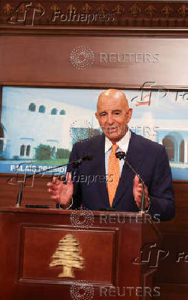 U.S. Special Envoy for Syria Thomas Barrack speaks after a meeting with Lebanese President Joseph Aoun at the presidential palace in Baabda