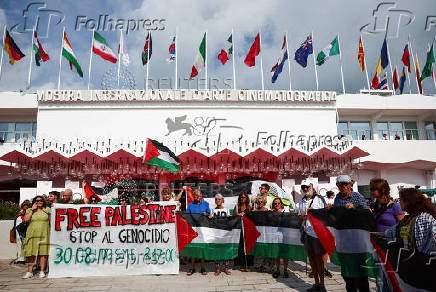 Supporters gather to call for Palestinian protest during the 82nd Venice Film Festival