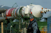 The Soyuz MS-27 spacecraft is rolled out onto the launch pad ahead of the next crew launch to the International Space Station at Baikonur Cosmodrome