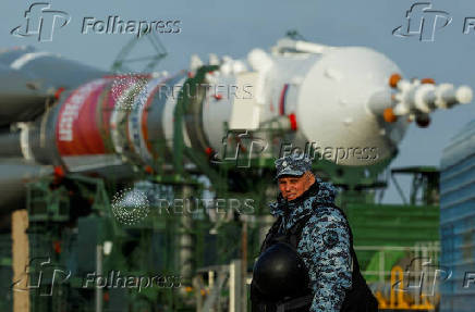 The Soyuz MS-27 spacecraft is rolled out onto the launch pad ahead of the next crew launch to the International Space Station at Baikonur Cosmodrome