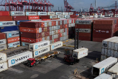A drone view shows container terminal in Kwai Tsing district in Hong Kong