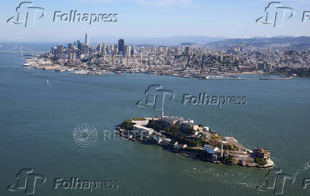 Aerial view of Alcatraz Prison in San Francisco Bay
