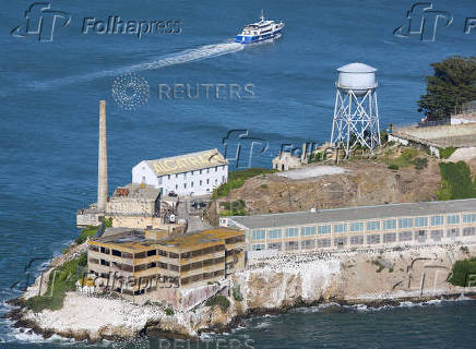Aerial view of Alcatraz Prison in San Francisco Bay
