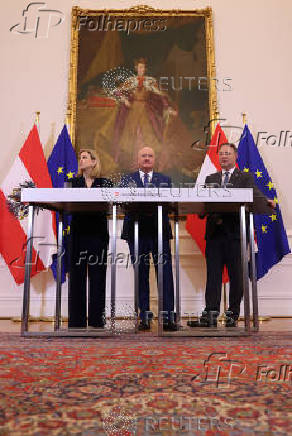 Austrian Chancellor Christian Stocker, Vice-Chancellor Andreas Babler and Foreign Minister Beate Meinl-Reisinger attend a press conference in Vienna