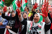 Pro-Palestinian protesters gather outside the foreign ministry, in Berlin