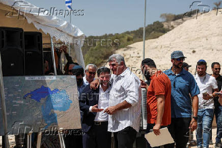 Israeli Finance Minister Smotrich speaks at a press conference regarding settlements expansion, near the Israeli settlement of Maale Adumim