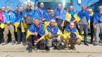Ukrainian POWs after a swap at an unknown location in Ukraine