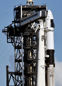 A Falcon 9 rocket stands at Launch Complex 39-A as the Axiom-4 crewed mission prepares for its launch to the International Space Station