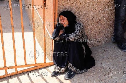 A mourner reacts during the funeral of Palestinians killed in what the Gaza Health Ministry said were Israeli airstrikes, in Khan Younis