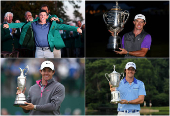 A combination picture shows Northern Ireland's Rory McIlroy celebrating winning all four major championships.
