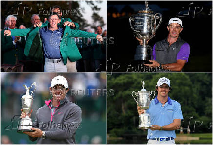 A combination picture shows Northern Ireland's Rory McIlroy celebrating winning all four major championships.