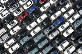Drone view of new cars parked in the port of Zeebrugge