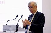 French central bank governor Villeroy de Galhau holds a press conference on state of economy