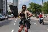 Lady Gaga fans gather outside the Copacabana Palace hotel prior to her arrival in Rio de Janeiro