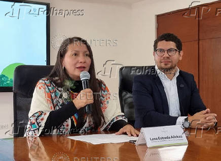 Colombia's Minister of Environment and Sustainable Development, Lena Estrada, and Deputy Director of Ecosystems and Environmental Information, Raymond Jimenez, attend a press conference in Bogota