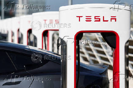 FILE PHOTO: Tesla logo near Nantes