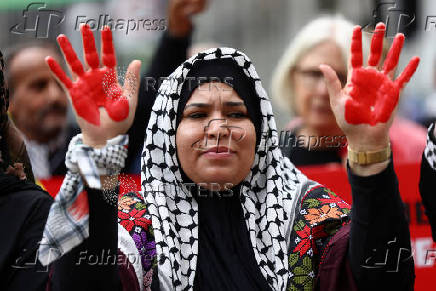 Pro-Palestinian protesters gather outside the foreign ministry, in Berlin