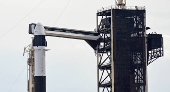 A Falcon 9 rocket stands at the pad before its upcoming launch of the Axiom-4 crewed mission to the International Space Station