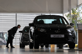 Lada cars are displayed for sale at a dealership in Saint Petersburg