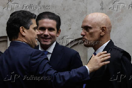 O senador Davi Alcolumbre e deputado Hugo Motta com Alexandre de Moraes, no STF