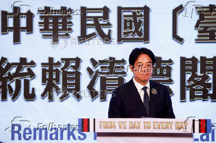 Taiwan President Lai Ching-te delivers a speech on the anniversary of the end of World War Two in Europe in Taipei