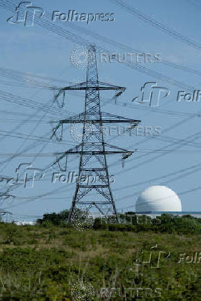 A view shows power lines and the Sizewell B nuclear power plant in Suffolk England