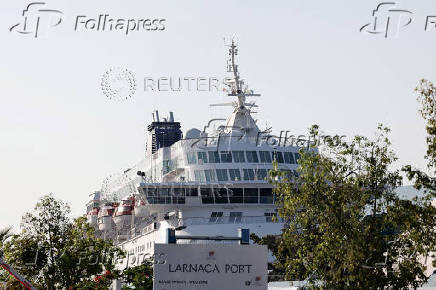 A view of the Crown Iris, a vessel which will be used to assist in the departure of Israelis from Cyprus, at the port of Larnaca