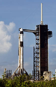 A Falcon 9 rocket stands at Launch Complex 39-A as the Axiom-4 crewed mission prepares for its launch to the International Space Station