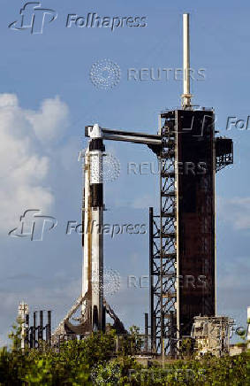 A Falcon 9 rocket stands at Launch Complex 39-A as the Axiom-4 crewed mission prepares for its launch to the International Space Station