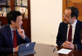 Cypriot President Nikos Christodoulides and Qu Dongyu, Director-General of the Food and Agriculture Organization of the United Nations (FAO) talk during a meeting at the Presidential Palace in Nicosia