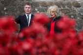 Britain's Queen Camilla views an installation of 30,000 ceramic poppies commemorating the 80th anniversary of Victory in Europe (VE) Day in London