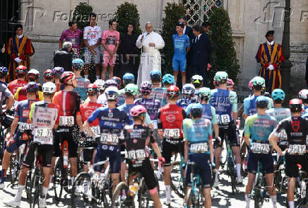Pope Leo XIV meets the participants of Giro d'Italia at the Vatican