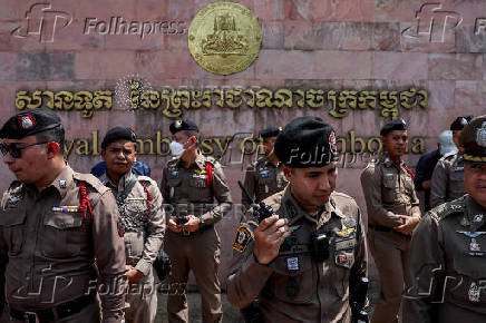 Royalist activists protest in front of Royal Embassy of Cambodia, following a recent clash at the Thailand-Cambodia border on May 28, 2025, in Bangkok