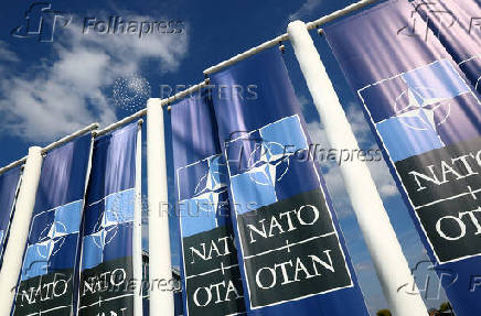 NATO banners are displayed at NATO headquarters in Brussels