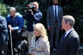 White House Press Secretary Leavitt and U.S. Secretary of the Treasury Bessent speak to members of the media, in Washington